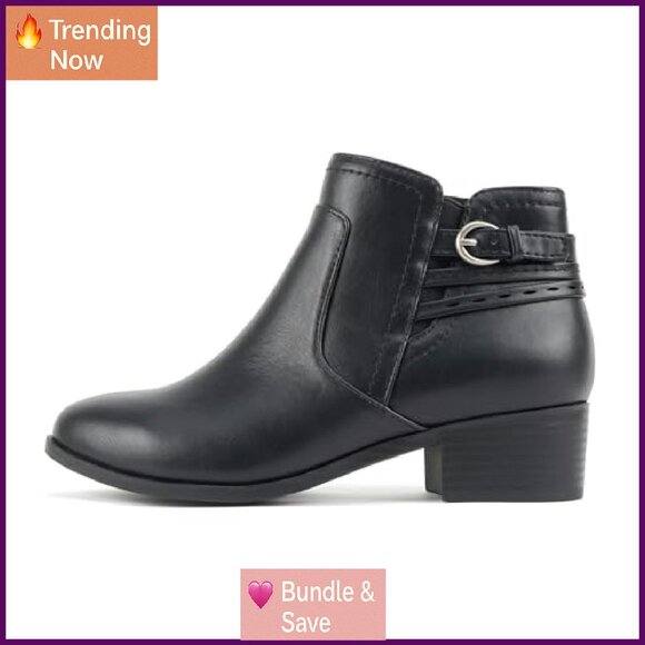 Round Toe Ankle Booties with Back Straps & Side Zipper - Low Stack Heel - Picture 2 of 7